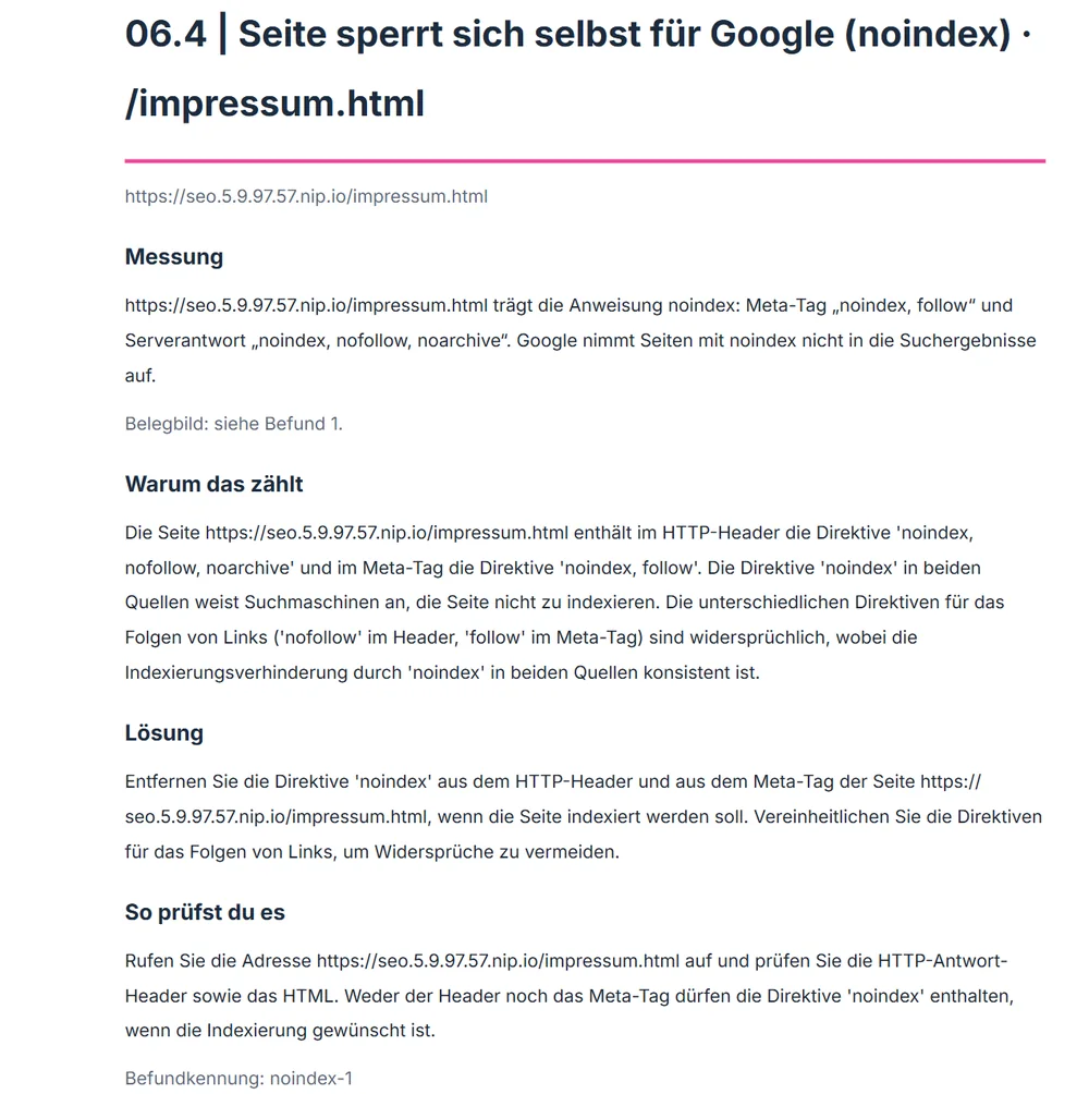Bericht, Befund 06.4 zum Impressum: oben die Messung der App, darunter Begründung, Lösung und Prüfanleitung der KI
