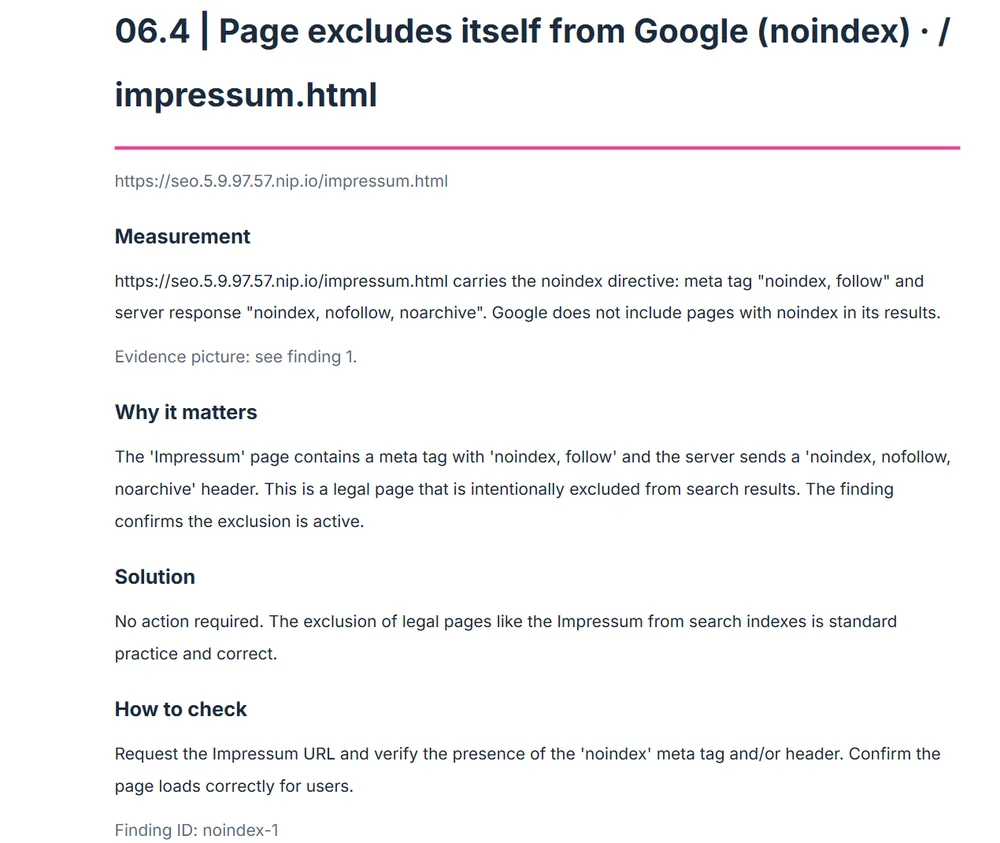 Report, finding 06.4 on the legal notice: the app's measurement on top, below it the AI's reasoning, solution and check