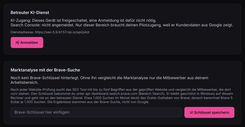 Einstellungen mit dem Abschnitt Marktanalyse mit der Brave-Suche