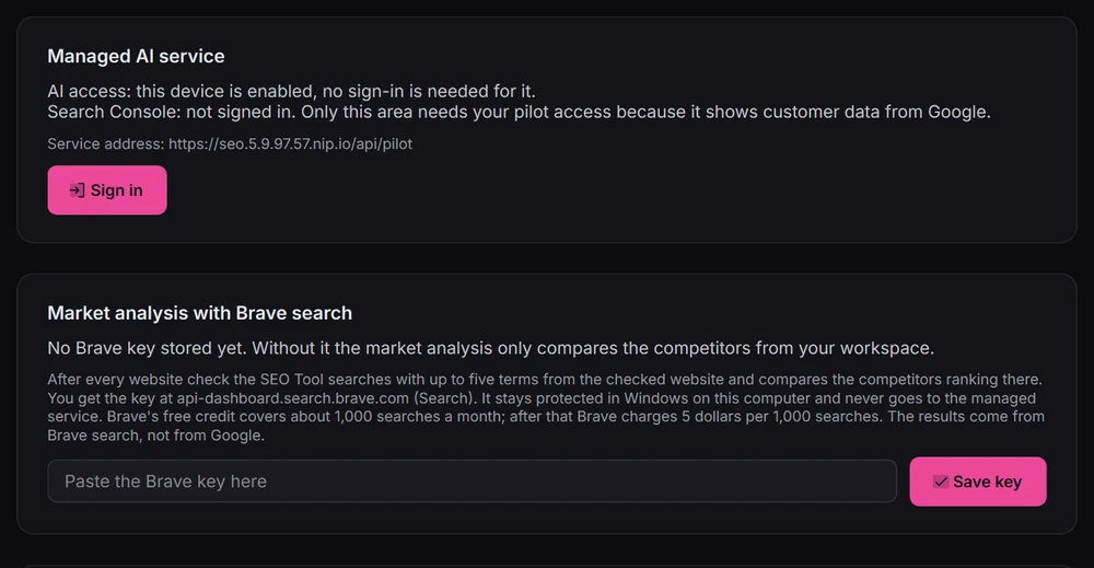 Settings with the section Market analysis with Brave search