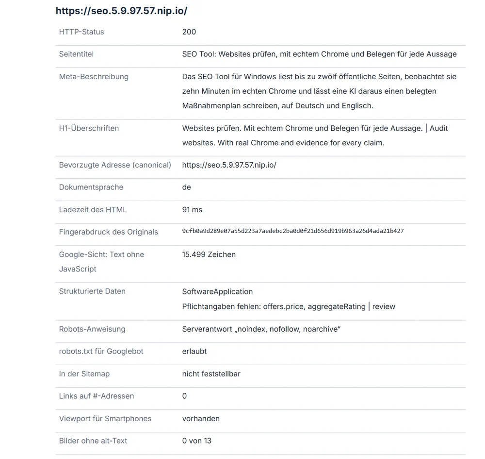 Bericht, Kapitel 05: Google-Sicht der Startseite mit Status, Titel, Beschreibung, Überschriften, Hauptadresse, Robots-Anweisung und strukturierten Daten