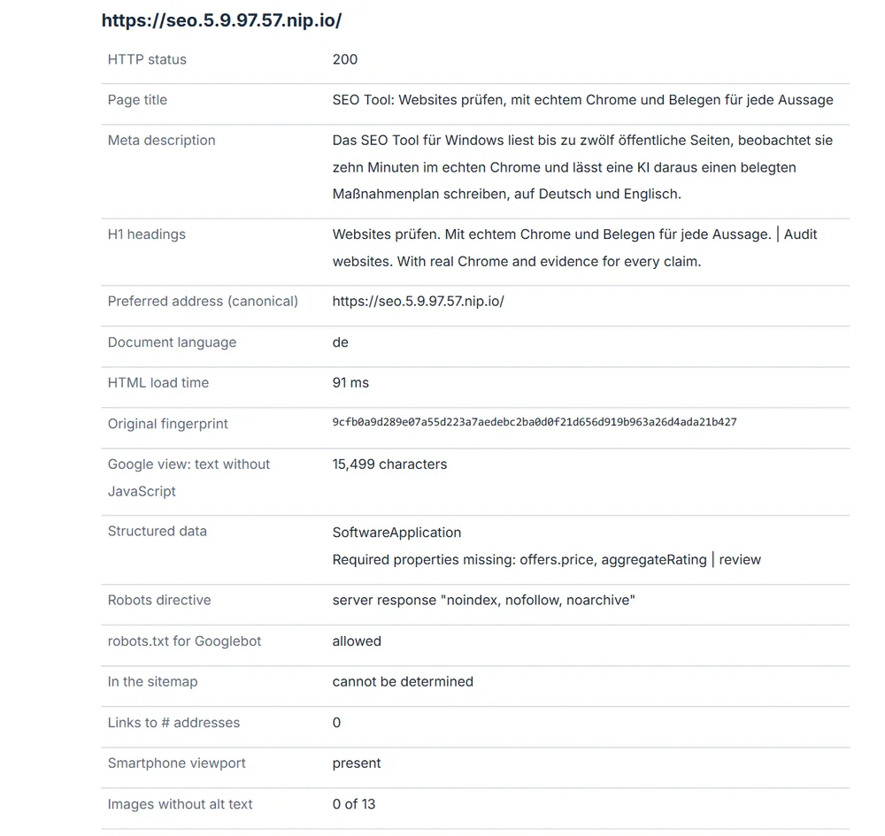 Report, chapter 05: Google view of the start page with status, title, description, headings, main address, robots directive and structured data