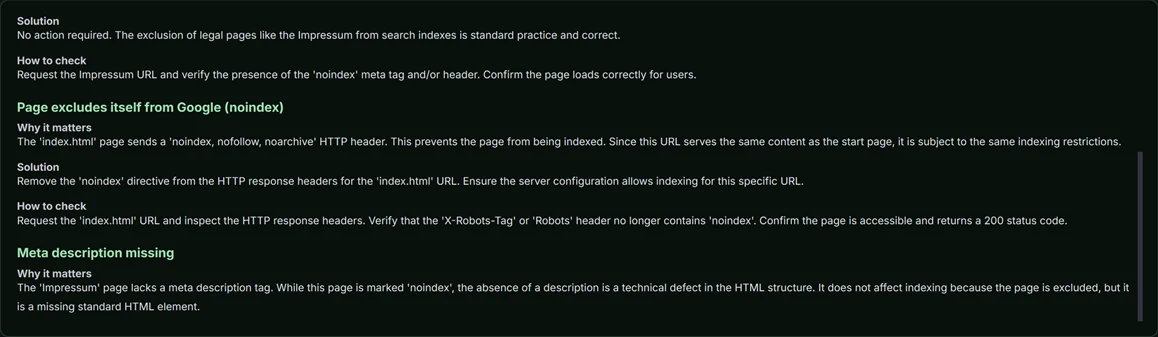 AI text window: the AI writes its report word by word, with a heading per finding