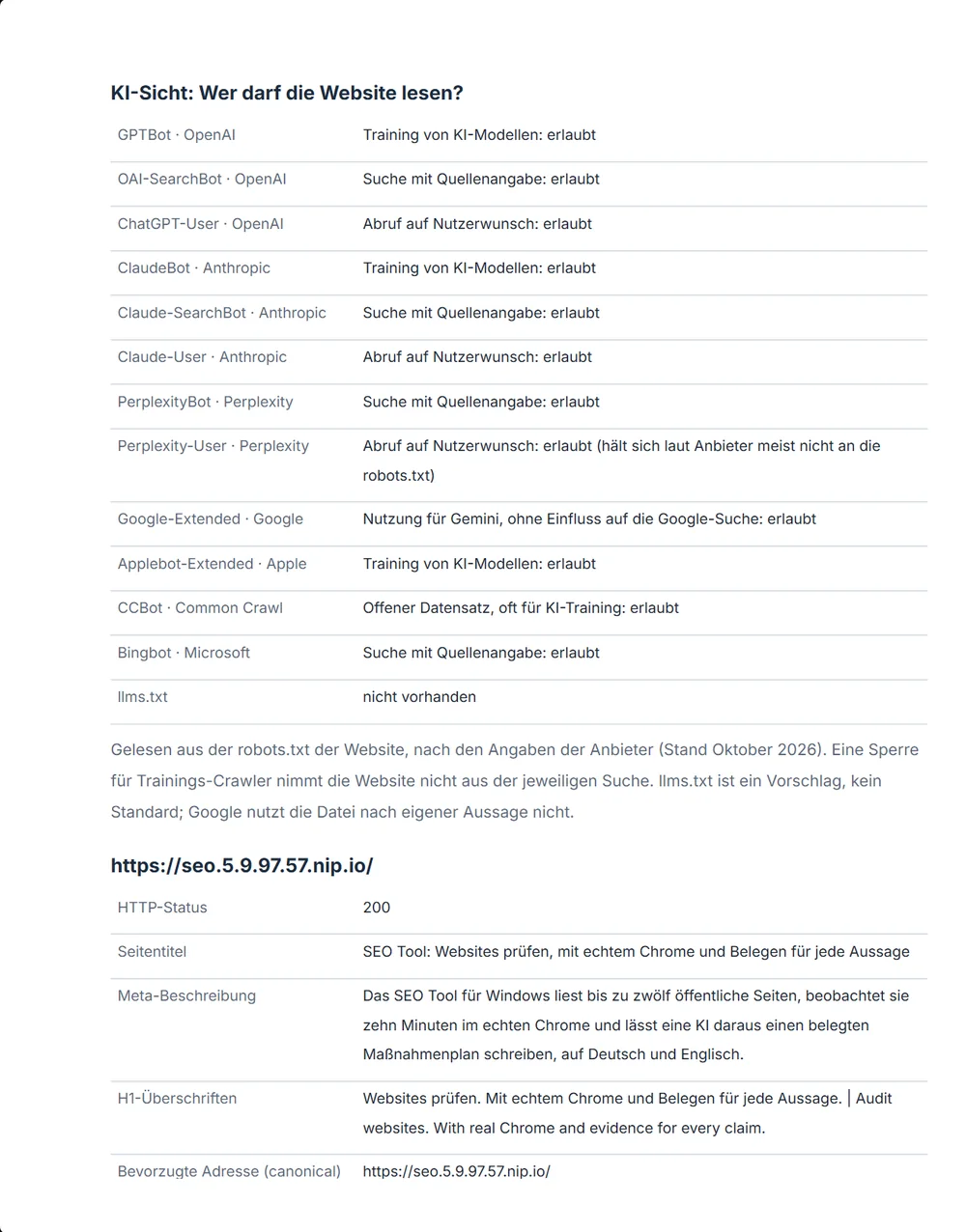 Bericht, Abschnitt KI-Sicht: für jedes Suchprogramm von OpenAI, Anthropic, Perplexity, Google, Apple, Common Crawl und Microsoft, ob es die Website lesen darf