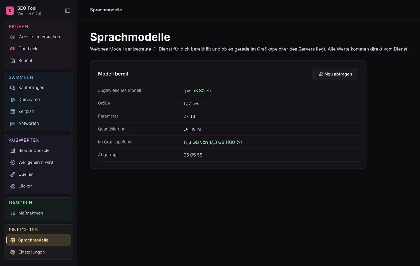 Bereich Sprachmodelle mit dem zugewiesenen Modell und seinem Zustand