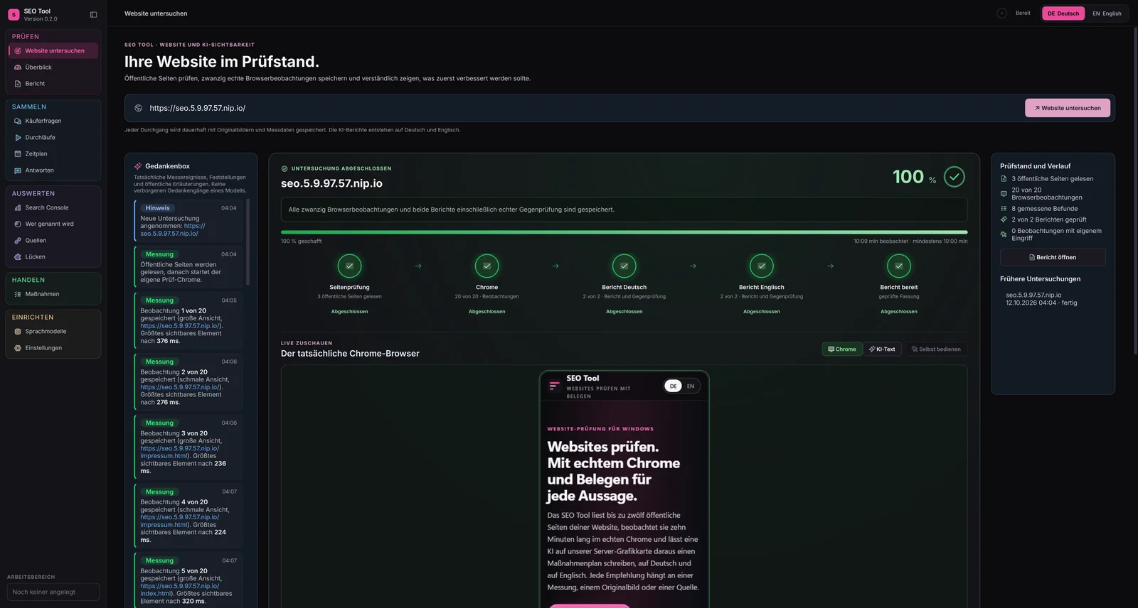 SEO Tool, Bereich Website untersuchen nach der Selbstprüfung: links die farbigen Themen-Pakete, in der Mitte Gedankenbox, Schrittkette und 100 Prozent