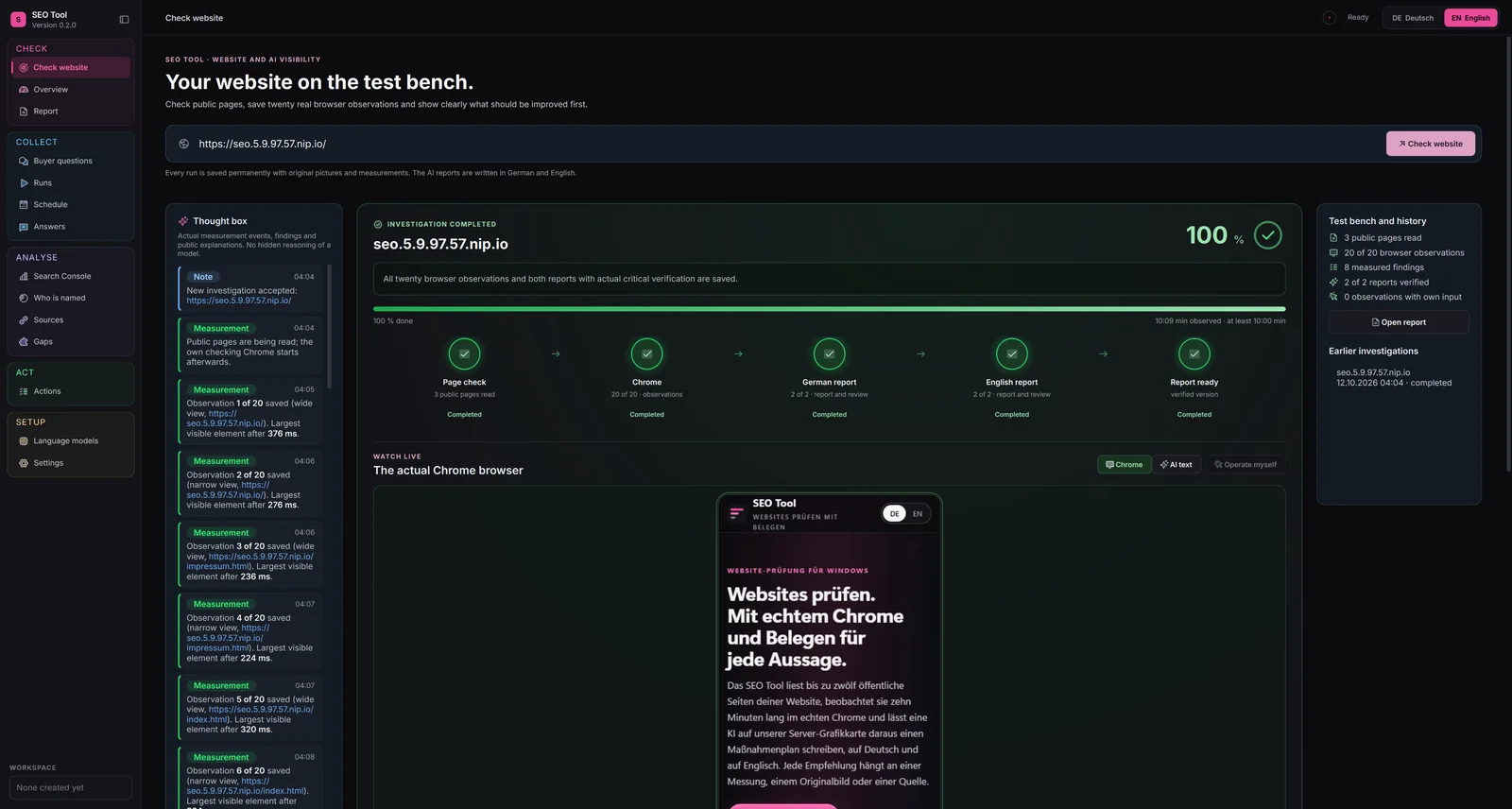 SEO Tool, Check website after the self-check: on the left the coloured topic packages, in the middle the thought box, step chain and 100 percent